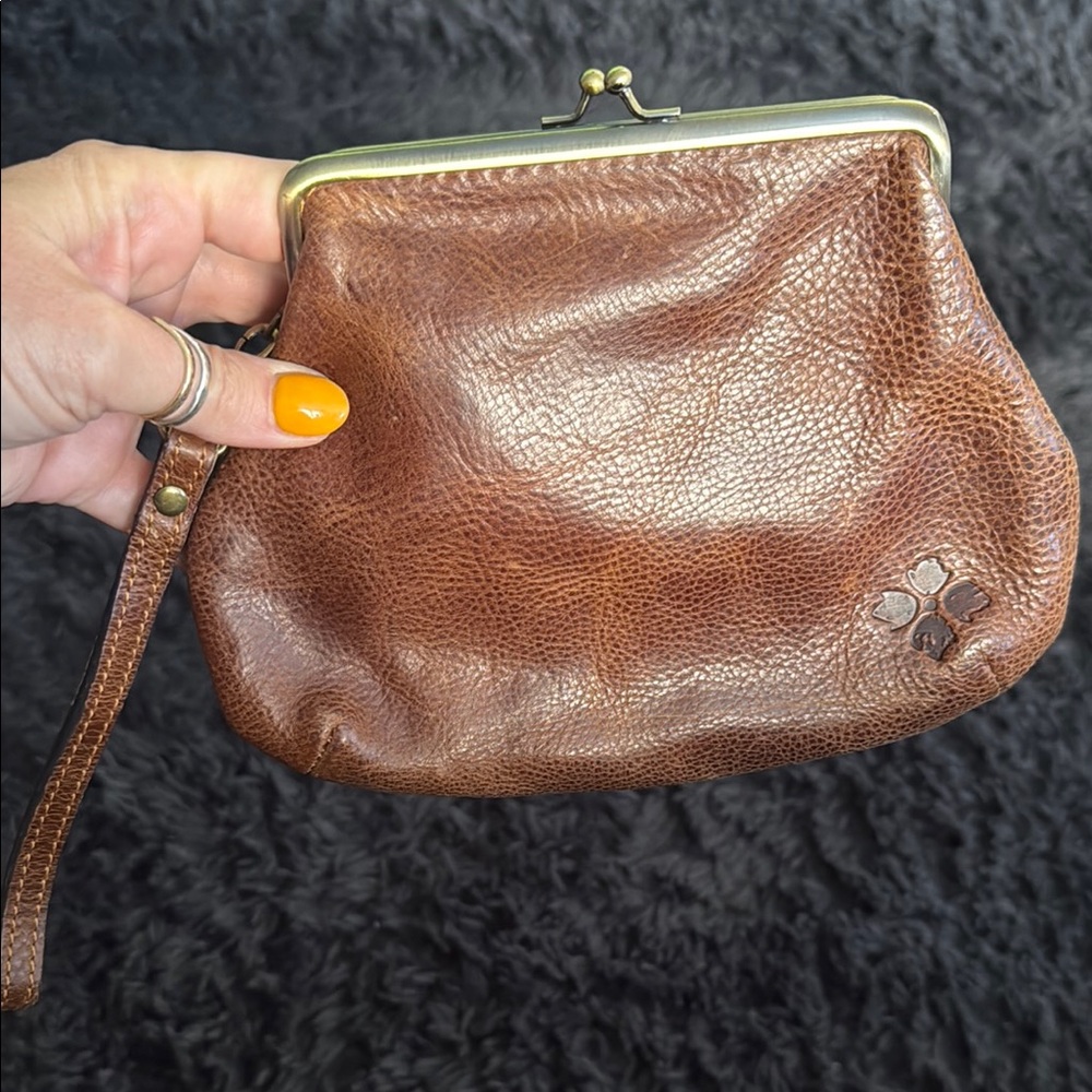 Patricia Nash Brown Leather Wristlet with Gold Frame Closure
